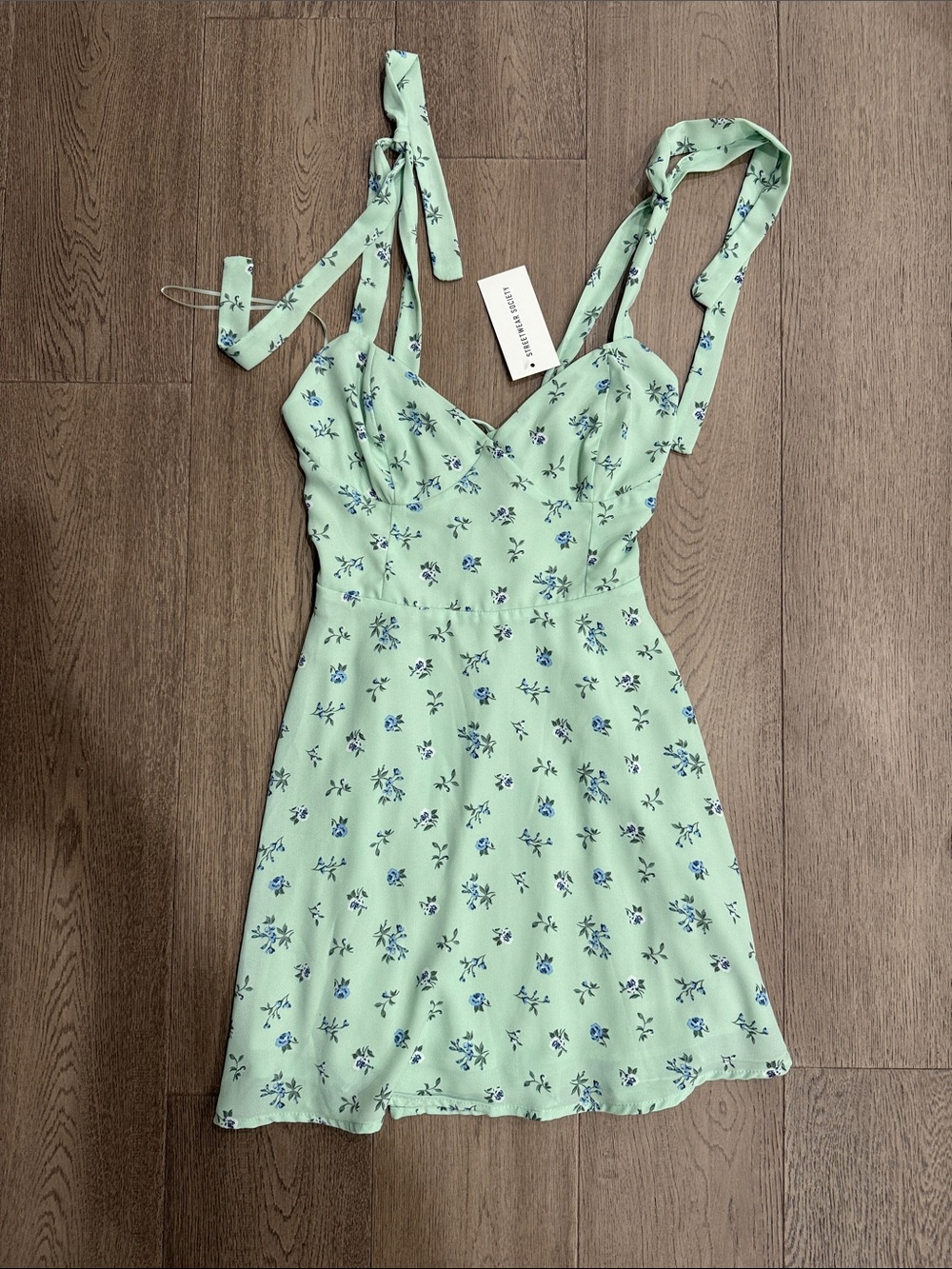 Streetwear Society Mint Green Floral Tie-Strap Mini Dress